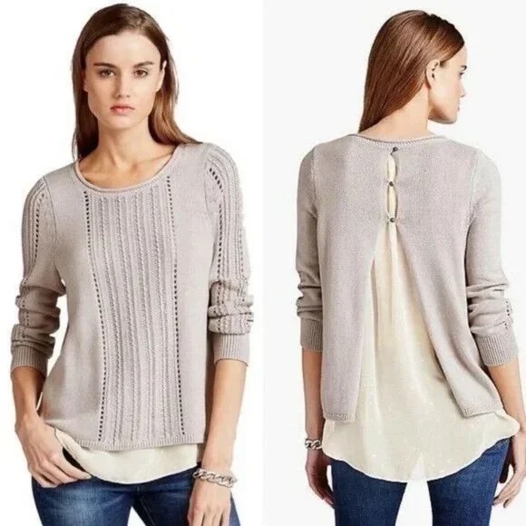 Lucky Brand Layered Split Back Metallic Sweater Gray Cream Gold Womens Size XS - Picture 14 of 14